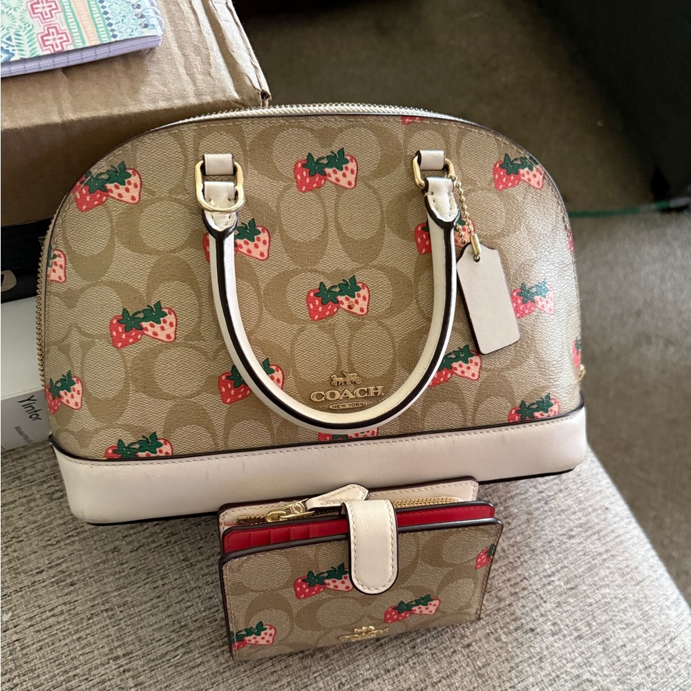 Coach Beige and Red Strawberry Satchel Bag Set